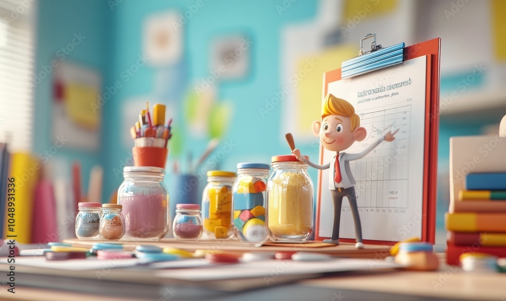 Cartoon man giving presentation about growth.