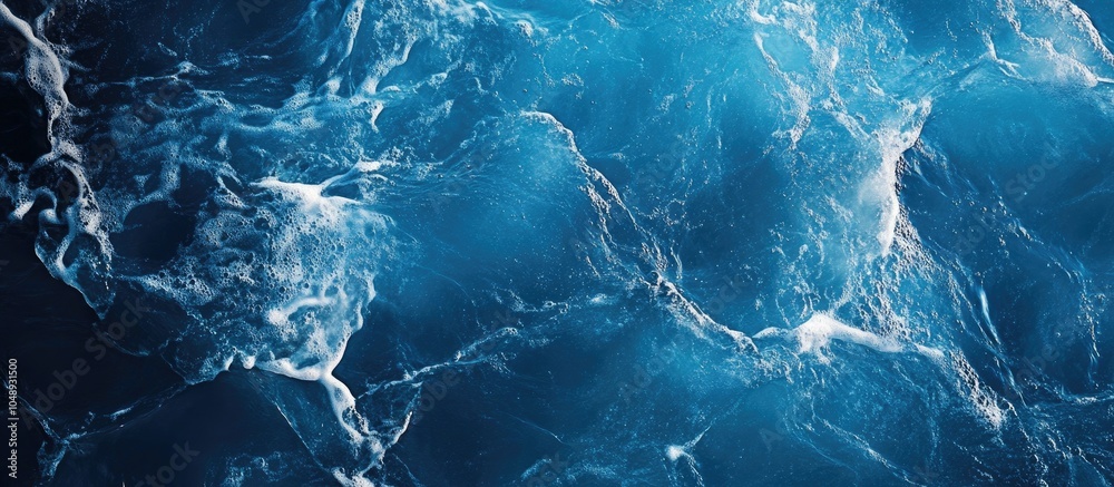 Transparent dark blue water surface texture featuring ripples and splashes Abstract summer banner background showcasing water waves with copyspace top view Cosmetic moisturizer micellar toner emuls