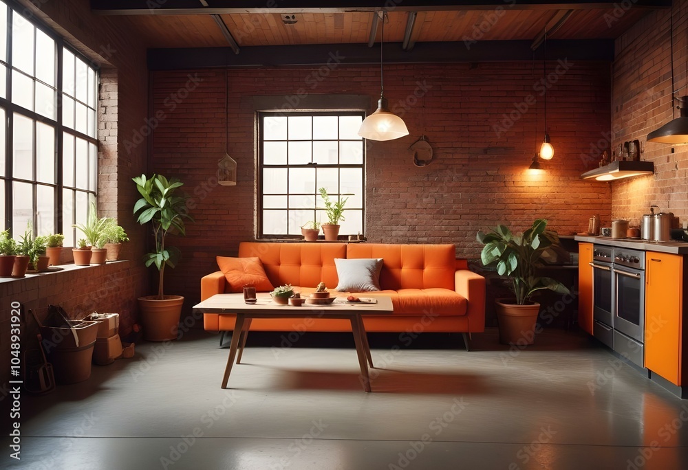 Fototapeta premium Realistic kitchen interior, orange sofa, gray floor, wooden table, loft style, super details, soft lighting, Night light in cozy interier sale website banner in yellow, orange background color, minima