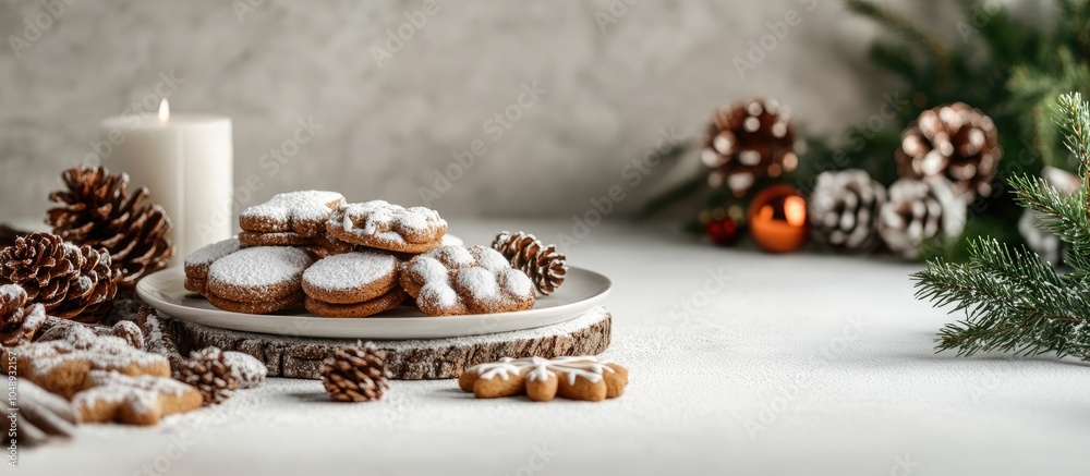 Christmas or New Year still life featuring ornaments on a rustic white table Festively decorated Christmas cookies Homemade gingerbread Winter themed decorative background Copy space for text Christmas or New Year still life featuring ornaments on a rustic white table Festively decorated Christmas cookies Homemade gingerbread Winter themed decorative background Copy space for text