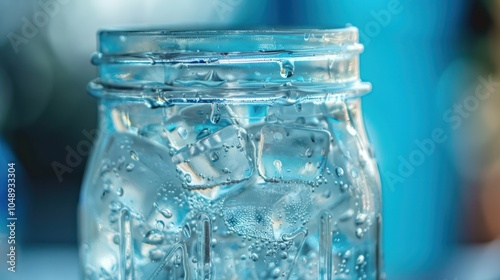 Close-up of a glass jar filled with ice cubes and water