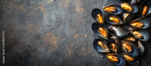 Obraz  z motywem Fresh raw mussels seasoned with spices on a slate stone against a dark background Seafood top view flat lay copy space