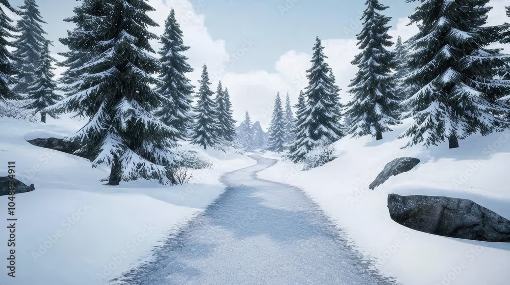 Snowy path winding through a serene winter forest with tall evergreen trees under a cloudy sky. Snowy path winding through a serene winter forest with tall evergreen trees under a cloudy sky.
