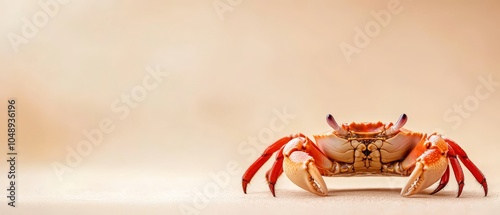  A close-up of a crab against a white surface, backgrounds are light brown and light orange photo