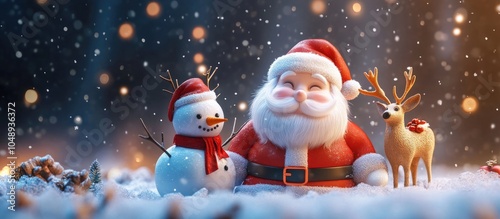 A small Santa Claus with his reindeer and a snowman on a Christmas backdrop Xmas greeting card featuring copy space photo