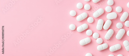 Top view of white pills on a pink background with copy space Concept related to healthcare medicine and pharmaceuticals