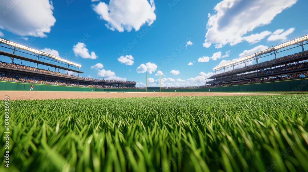 Fototapeta premium Vibrant baseball stadium with lush green field under a bright blue sky.