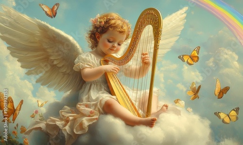 Angel girl plays harp with butterflies. photo