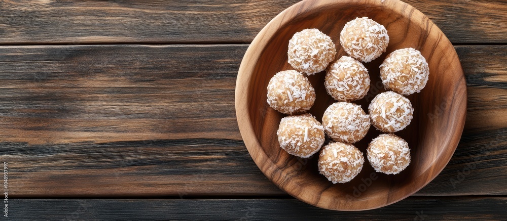 Top view of healthy raw paleo coconut energy balls on a wooden plate against a wooden background. with copy space image. Place for adding text or design Top view of healthy raw paleo coconut energy balls on a wooden plate against a wooden background. with copy space image. Place for adding text or design