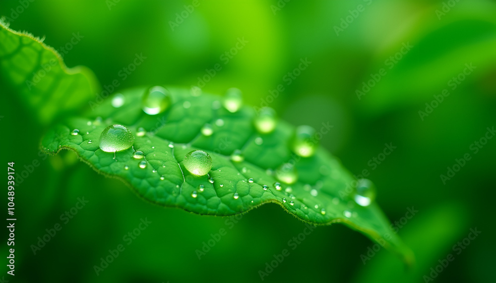 Close-up of green leaf with dew drops, showcasing natural beauty and freshness in lush vegetation Close-up of green leaf with dew drops, showcasing natural beauty and freshness in lush vegetation