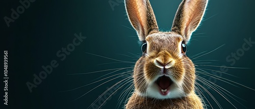  A close-up of a rabbit's face with its mouth agape