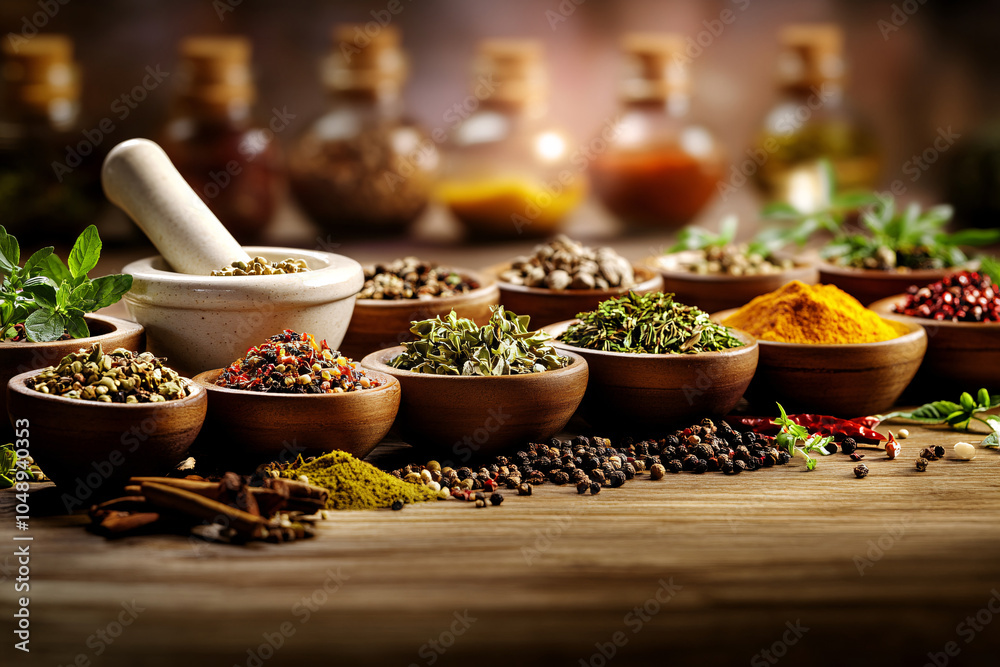 colorful spices and herbs in bowls on rustic wooden table top with mortar and pestle in the background colorful spices and herbs in bowls on rustic wooden table top with mortar and pestle in the background