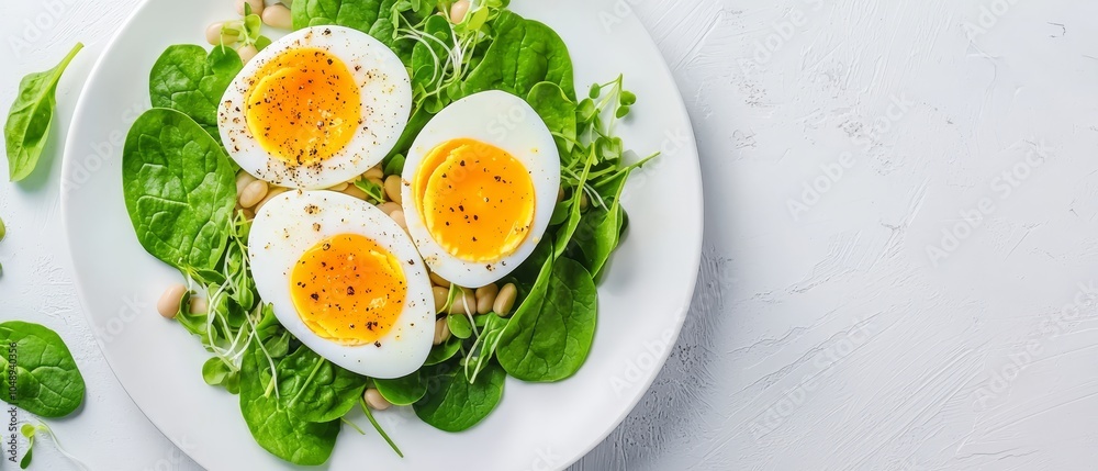  A white table holds a white plate with eggs and spinach atop green leafy greens as its base