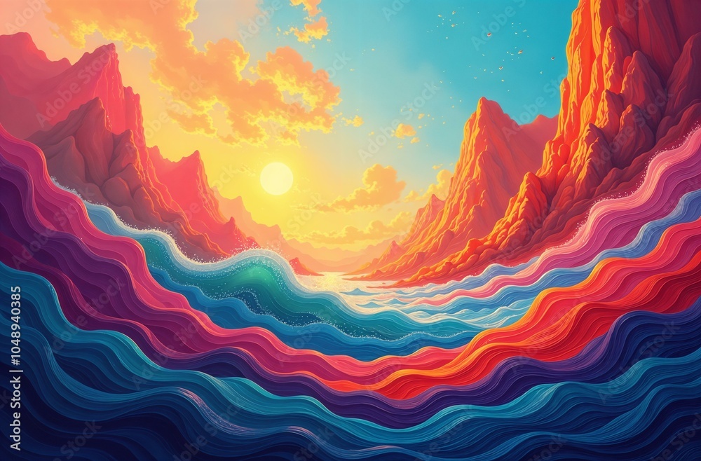 Abstract emotional landscape representing joy with bright, waves vivid colors, flowing waves of light, soft forms, textures, backgrounds, wallpapers, poster, sea, road, sun Abstract emotional landscape representing joy with bright, waves vivid colors, flowing waves of light, soft forms, textures, backgrounds, wallpapers, poster, sea, road, sun