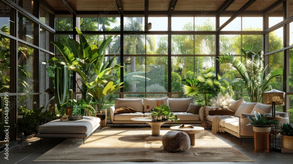 Fototapeta premium Modern Living Room with Large Windows and Lush Greenery
