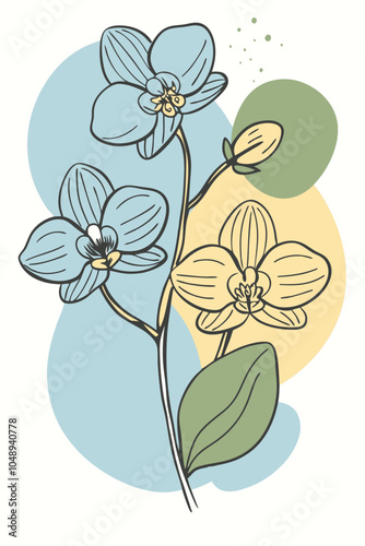 Orchid Branch with Flowers and Color Blobs Detailed Floral Vector Illustration