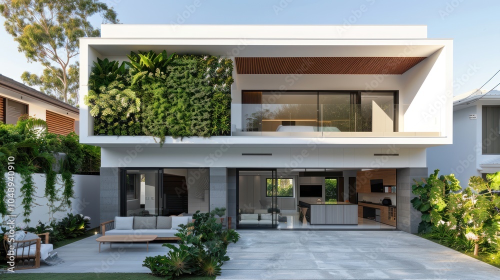 Fototapeta premium Modern House with a Green Wall and a Patio