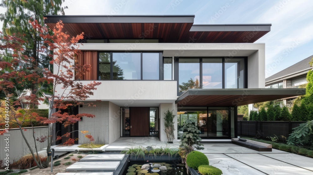 Fototapeta premium Modern Concrete House with a Japanese Garden