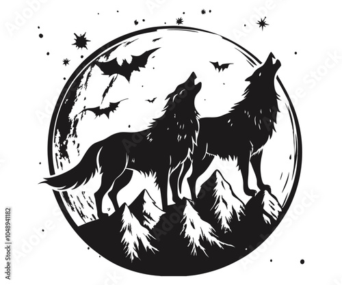 A silhouette of a wolf howling illustration line art clipart
