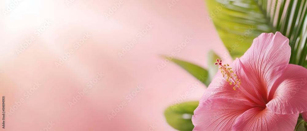 A pink flower atop a verdant palm frond against a gentle light pink backdrop A pink flower atop a verdant palm frond against a gentle light pink backdrop