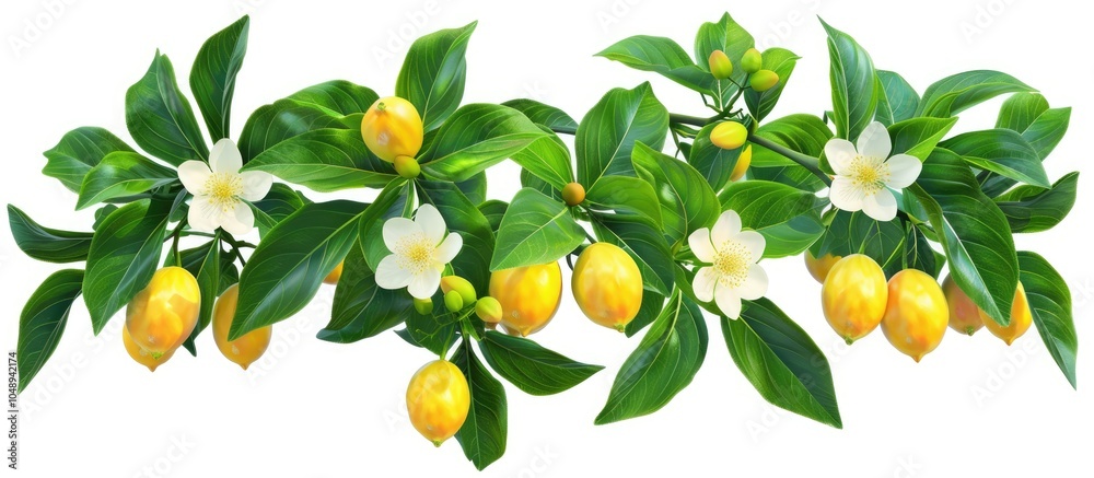 Lemon tree blooms and foliage isolated on a white background. with copy space image. Place for adding text or design Lemon tree blooms and foliage isolated on a white background. with copy space image. Place for adding text or design