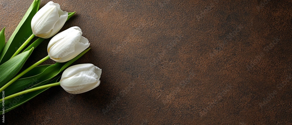 A table with a brown surface holds several white tulips and a green leafy plant beside it A table with a brown surface holds several white tulips and a green leafy plant beside it