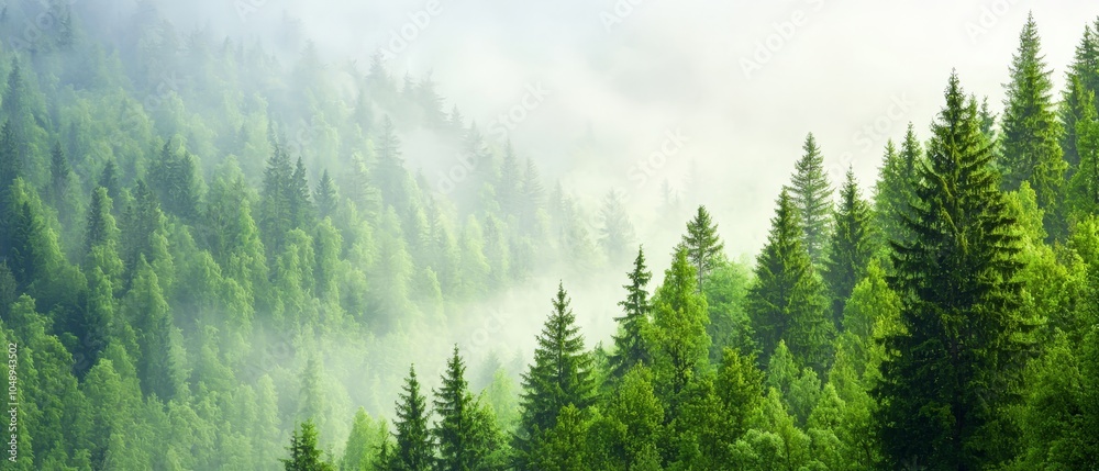 Fototapeta premium A forest teeming with numerous green trees atop a lush, green forest during a foggy day