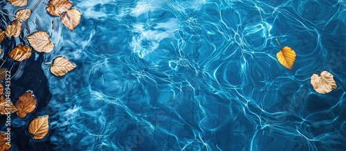 Top view of a blue swimming pool surface with reflections on the blue water swirl pattern texture and blue tiles Leaves in the murky water swimming pool is open Background backdrop with copyspace photo