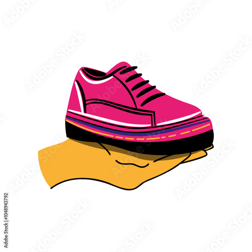 Human hand holding loafer shoe.