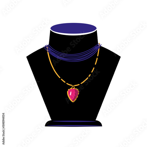 Necklace jewelry showcase flat illustration. Decorative beads with pendant.