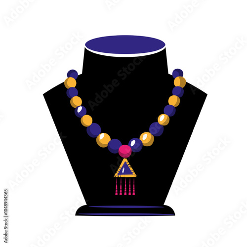 Necklace jewelry showcase flat illustration. Decorative beads with pendant.