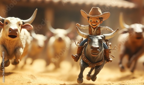 Cowboy rides a bull through a crowd of bulls. photo