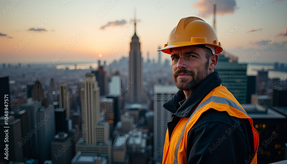 Serious construction worker in a yellow hard hat sitting on a skyscraper site at sunset Serious construction worker in a yellow hard hat sitting on a skyscraper site at sunset
