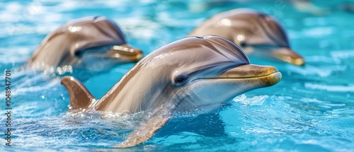  A few dolphins swim in a pool, heads bobbing above water's surface