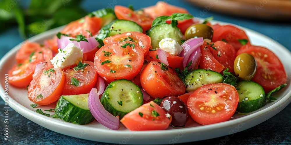 Fresh Greek Salad with Tomatoes, Cucumbers, Red Onions, Feta Cheese, Olives, and Parsley on a White Plate - Mediterranean Flavor Healthy Recipe Fresh Greek Salad with Tomatoes, Cucumbers, Red Onions, Feta Cheese, Olives, and Parsley on a White Plate - Mediterranean Flavor Healthy Recipe