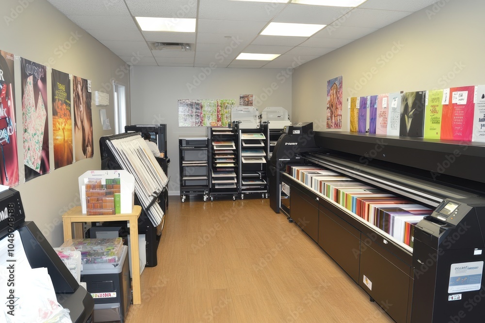 A well-organized printing room with various materials and equipment during daylight hours A well-organized printing room with various materials and equipment during daylight hours
