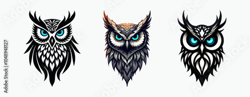 Blue ornamental owl in decorative floral design, intricate illustration. illustration of a geometric owl logo in pastel colors in flat colors isolated on a white transparent background