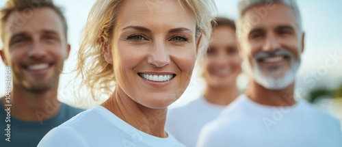  A person with a smiling face is depicted in a close-up shot Behind them, a group of people is present