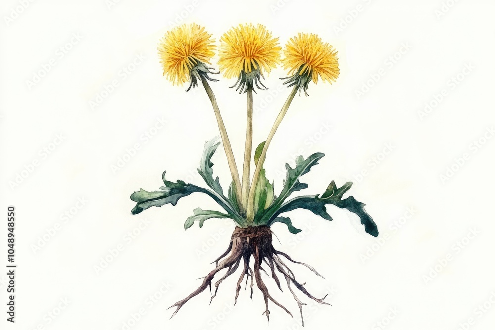 Obraz premium Watercolor Dandelion Plant with Yellow Blossoms Root and Leaves on White Background