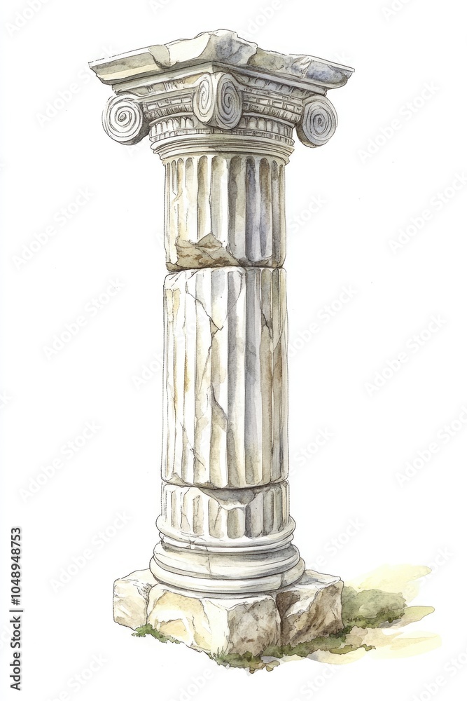 Naklejka premium Watercolor Illustration of Ancient Greek Column in Classic Style