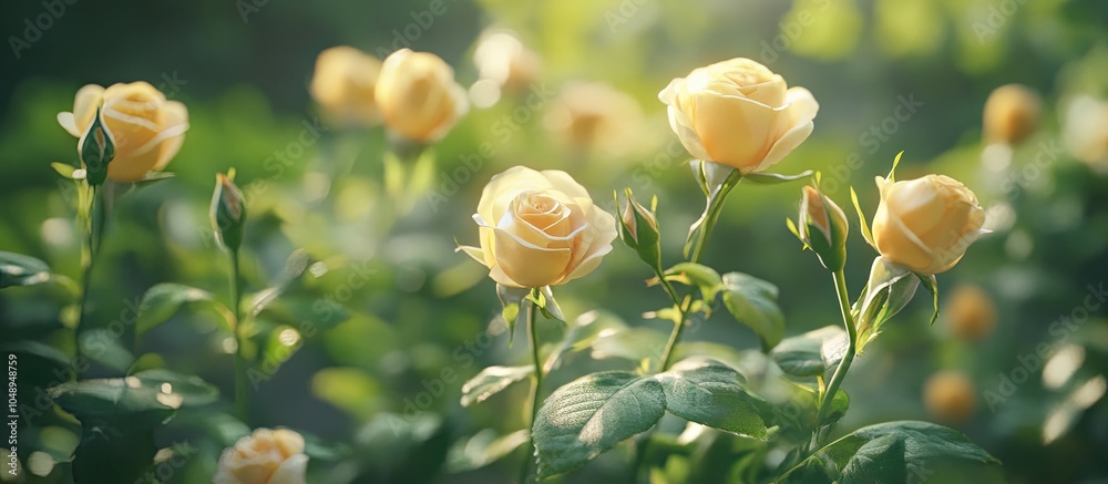 Numerous yellow rose buds in the garden Flowers for a nature themed wedding. with copy space image. Place for adding text or design