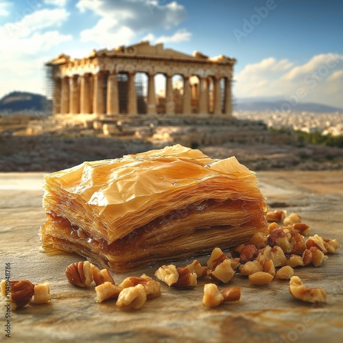 Authentic Greek Baklava with Honey and Nuts in Front of Historic Parthenon on Acropolis of Athens Greek Pastry Dessert Culture Travel Scenic View