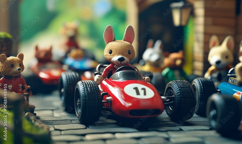 Fototapeta Toy animals race toy cars on a track.