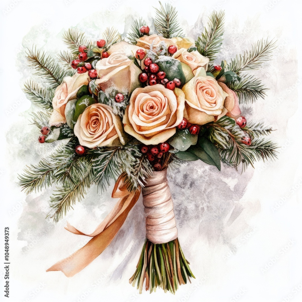 Obraz premium Winter Wedding Celebration: Romantic Bouquet on Antique Column, Watercolor Illustration