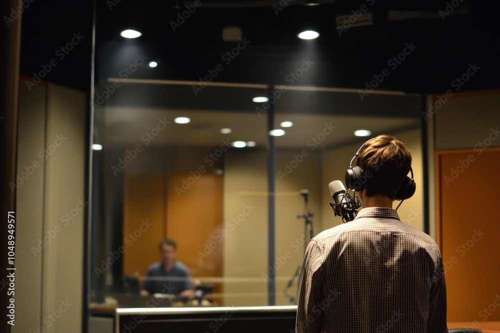 Obraz premium Recording session in a soundproof studio featuring a vocalist and sound engineer working together