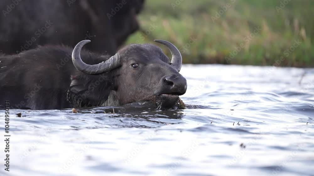 Cape Buffalo or African buffalo (Syncerus caffer) feeding in the Chobe river on aquatic vegetation. Large sub-Saharan African bovine. Slow motion, 25 percent natural speed.