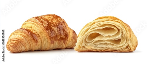 A plain croissant halved to show its cross section is a classic French croissant It is isolated against a white background. with copy space image. Place for adding text or design