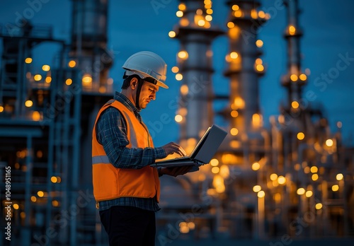 Engineer Working Onsite at Industrial Plant During Night