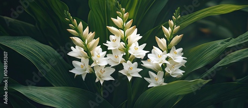 Coronarious Gingerlily Hedychium coronarium is recognized for its white petals and butterfly like shape flowering amid lush green leaves with a powerful scent It flourishes in humid settings and