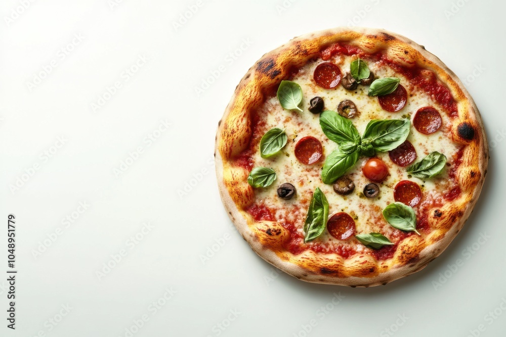 Minimalistic pizza design with toppings and fresh basil for food decoration Minimalistic pizza design with toppings and fresh basil for food decoration